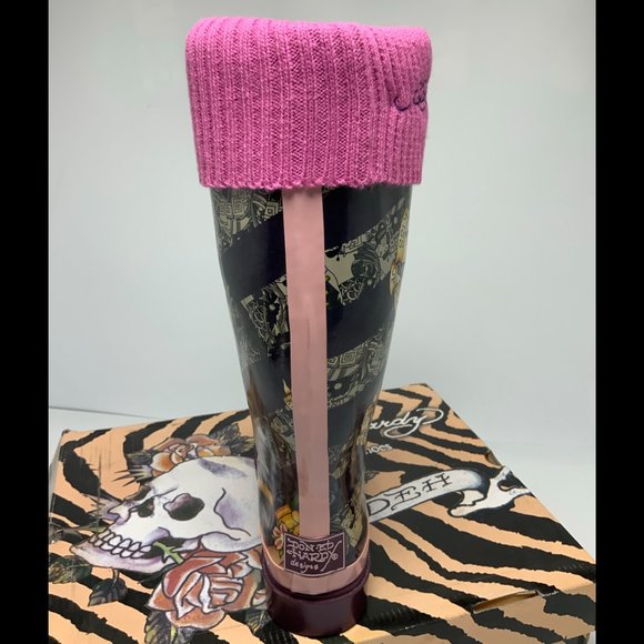 Women's Ed Hardy Pink Kiss of Death Rain Boots - Picture 4 of 5